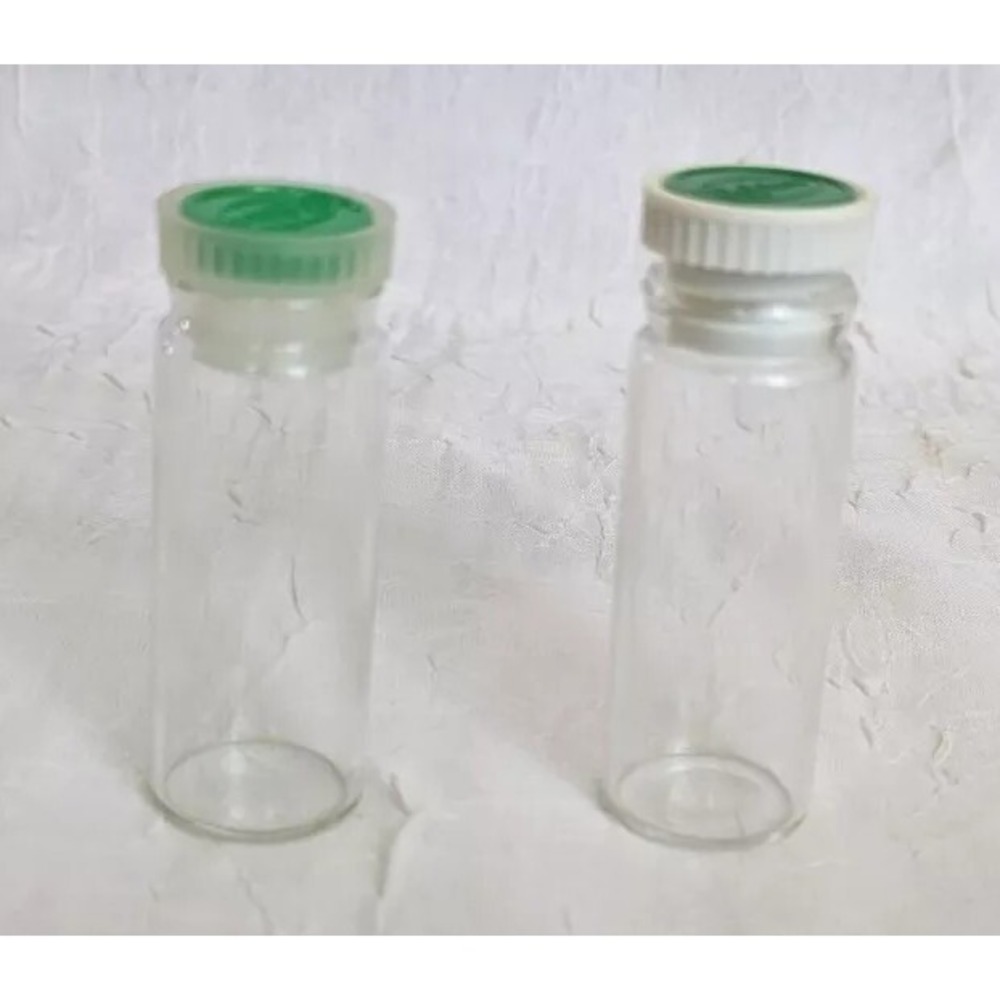 Glass Bottles Robins Vials Pharmacy Apothecary Green Lid Vtg Prop Decor Set Of 2